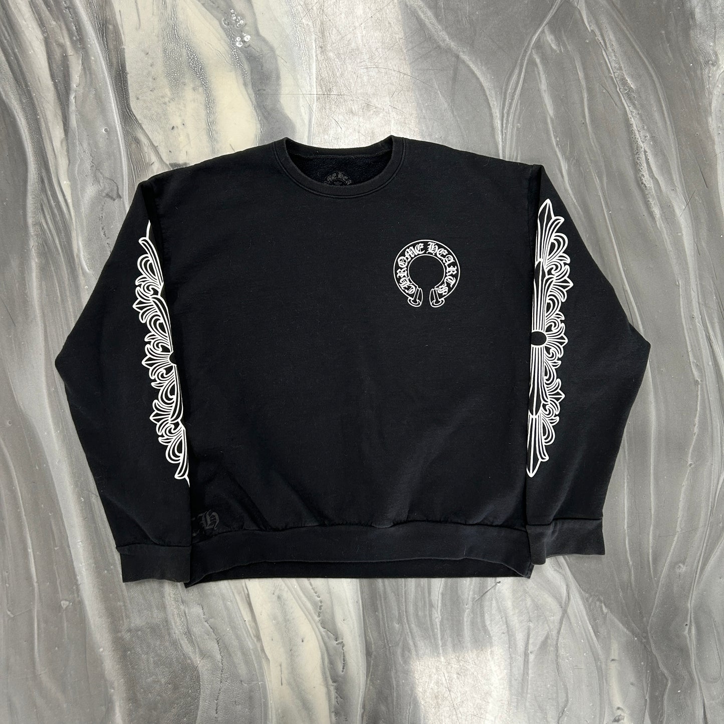 Chrome Hearts Floral Sleeve Horseshoe Logo Black Crewneck Sweatshirt