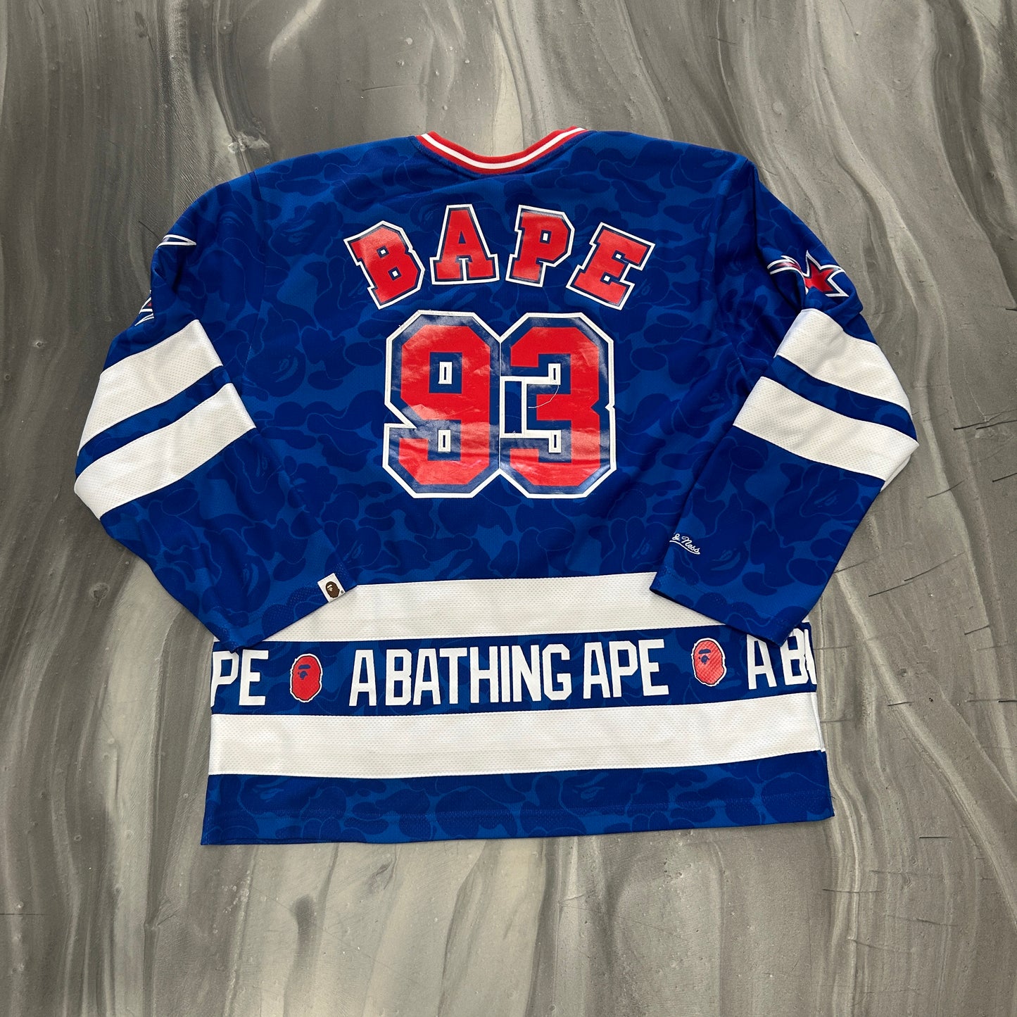 BAPE x Mitchell & Ness NHL New York Rangers Mesh Hockey Jersey L/S Tee Blue