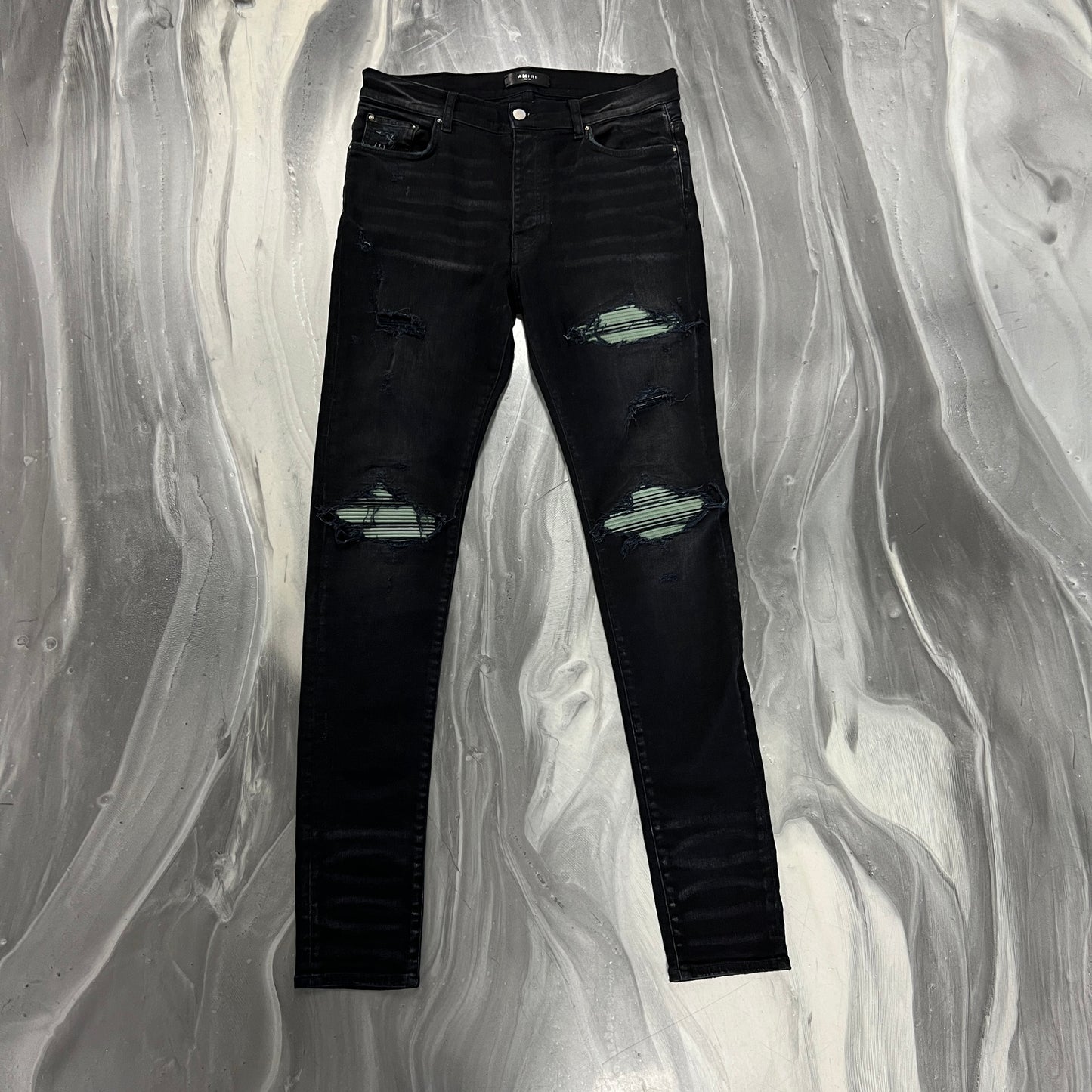 Amiri MX1 Green Patch Black Denim Jeans