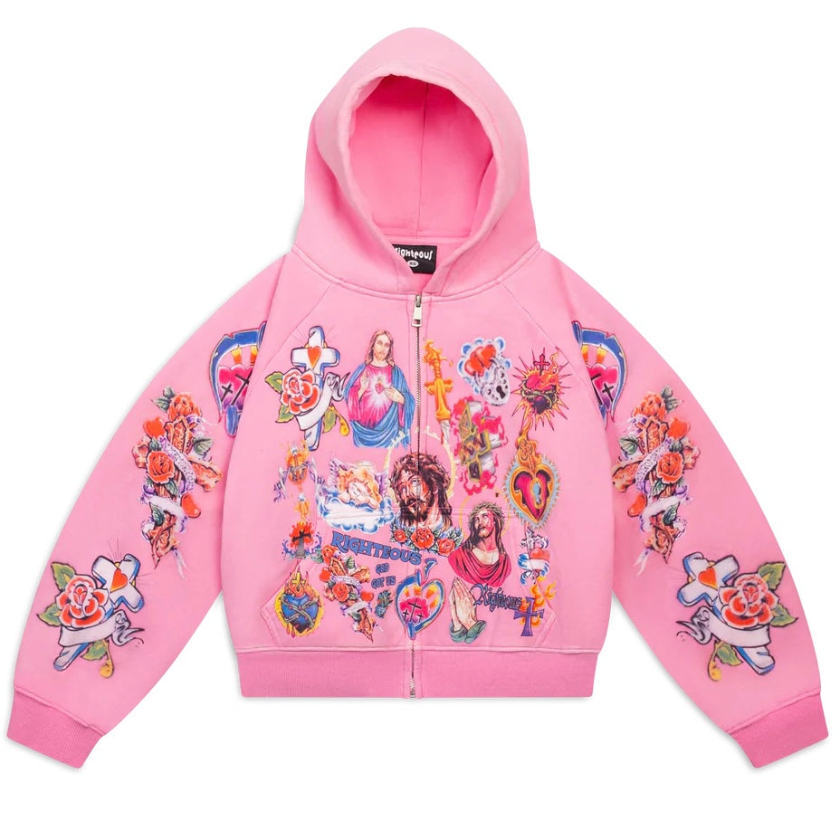 Righteous Risen King Cropped Zip Up Hoodie Pink