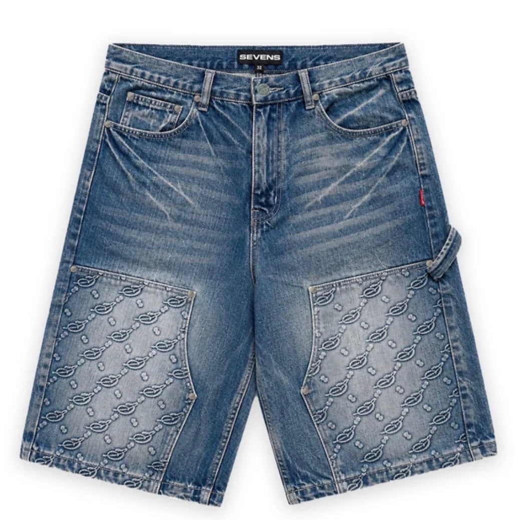 Triple Sevens Monogram Double Knee Denim Shorts Blue