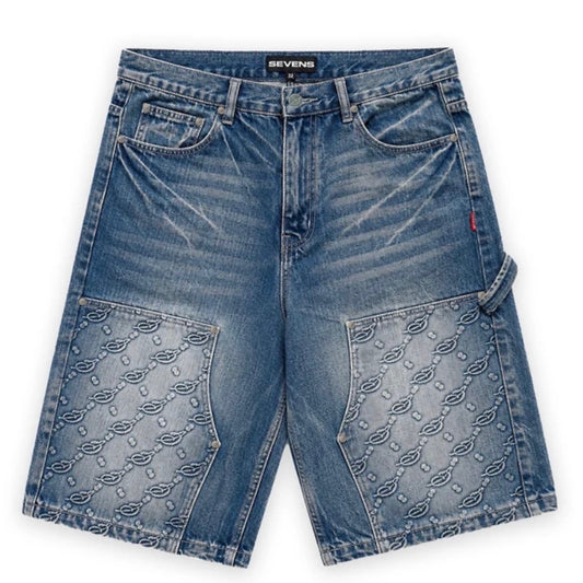 Triple Sevens Monogram Double Knee Denim Shorts Blue