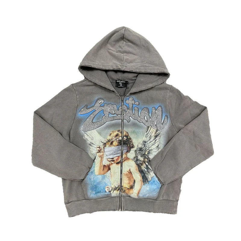 Mixed Emotions Grey Acid Wash Rhinestone Zip Up Hoodie