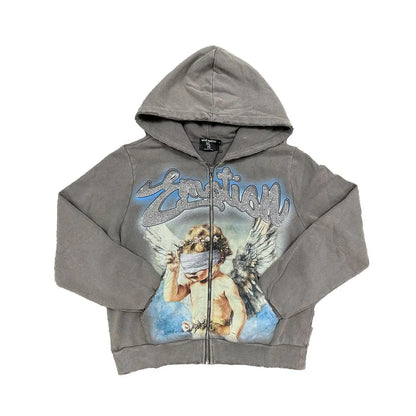 Mixed Emotions Grey Acid Wash Rhinestone Zip Up Hoodie
