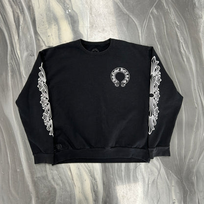 Chrome Hearts Floral Sleeve Horseshoe Logo Black Crewneck Sweatshirt