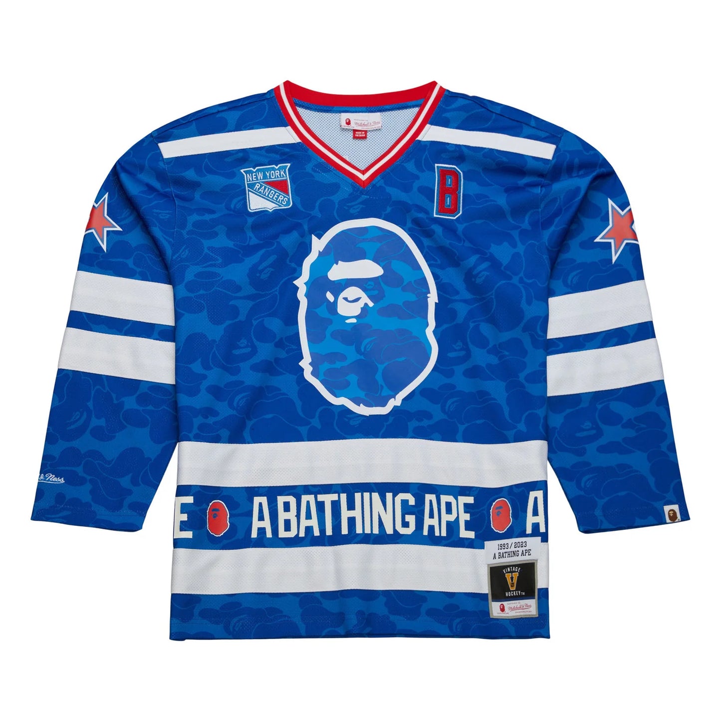 BAPE x Mitchell & Ness NHL New York Rangers Mesh Hockey Jersey L/S Tee Blue