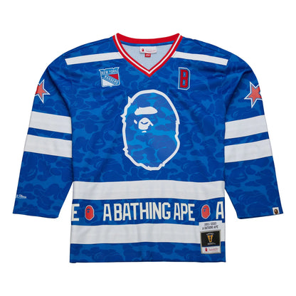 BAPE x Mitchell & Ness NHL New York Rangers Mesh Hockey Jersey L/S Tee Blue