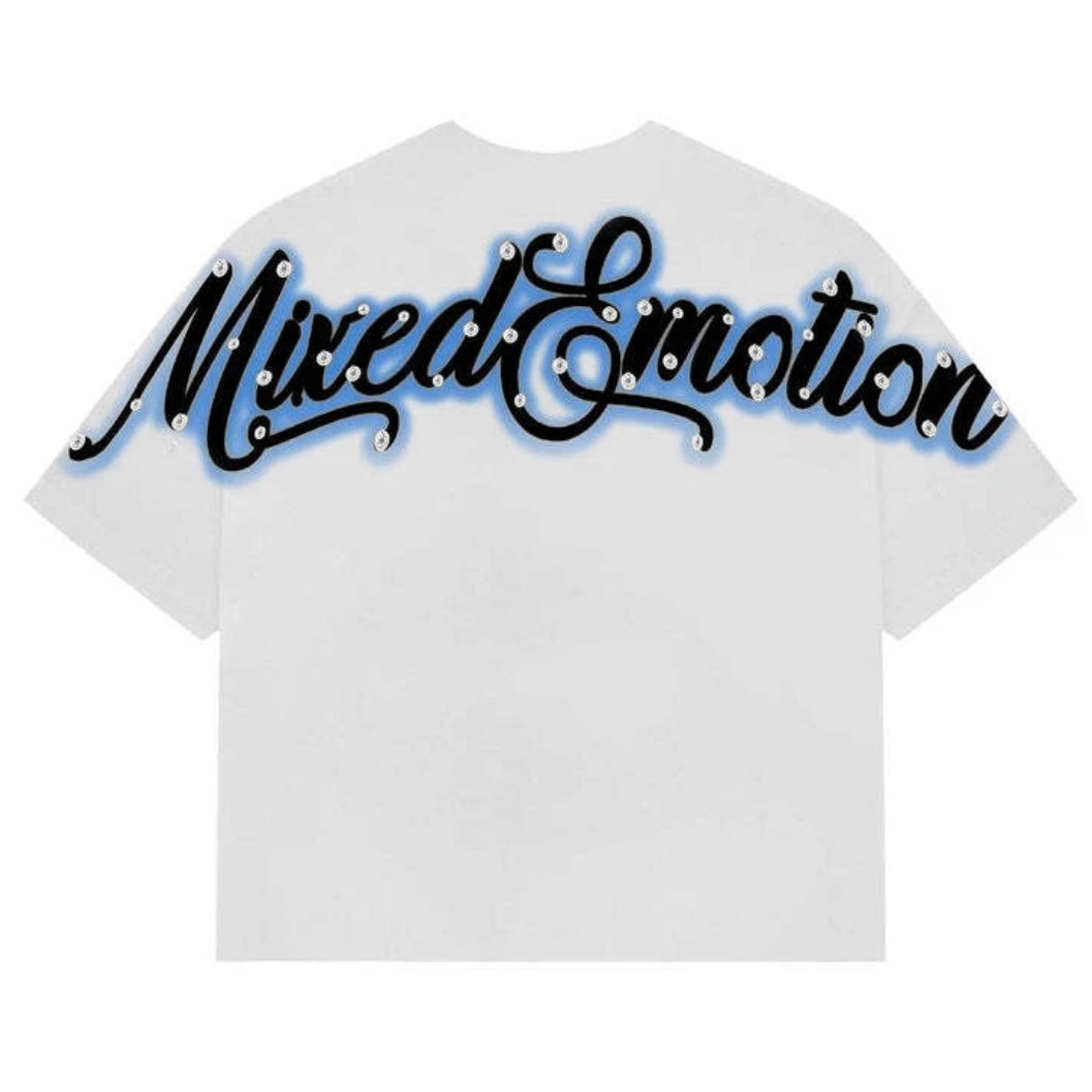 Mixed Emotions Blue Rhinestone Statue Tee White