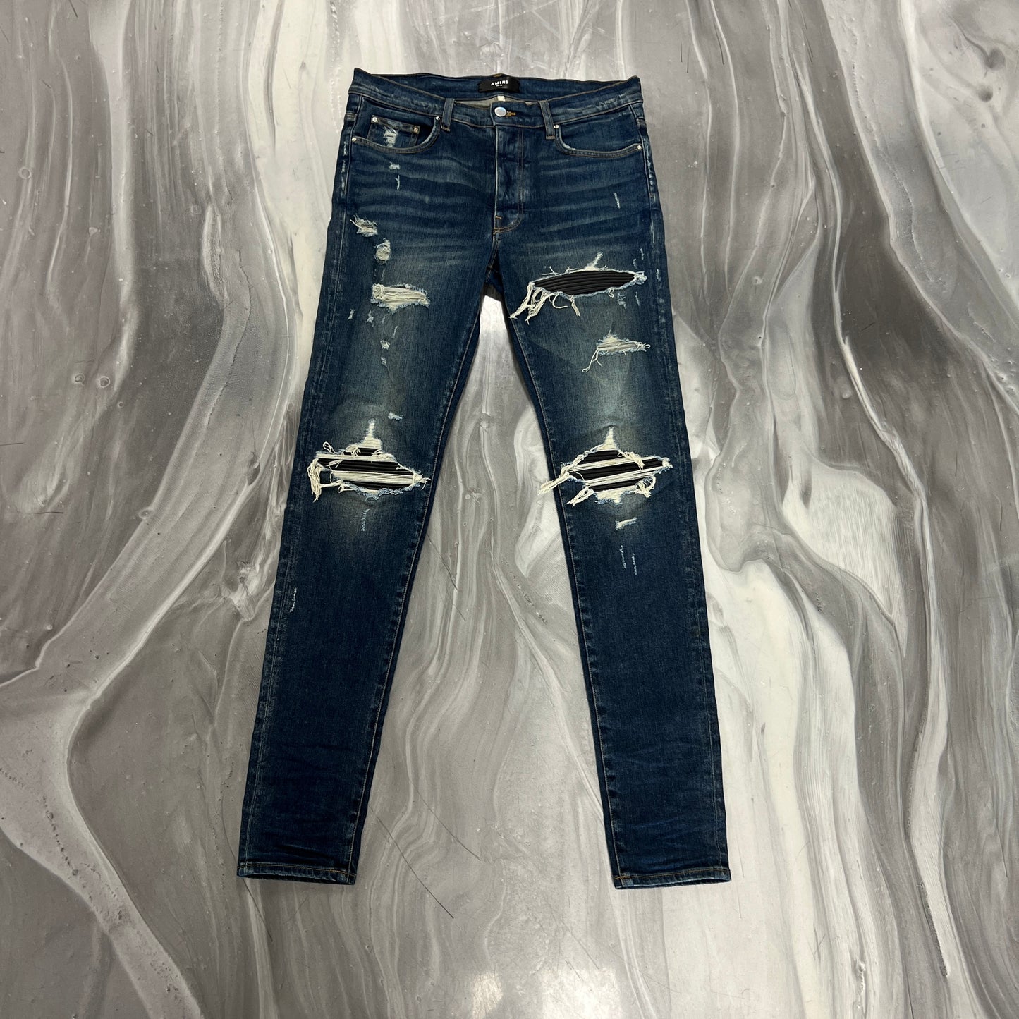 Amiri MX1 Black Patch Medium Wash Denim Jeans