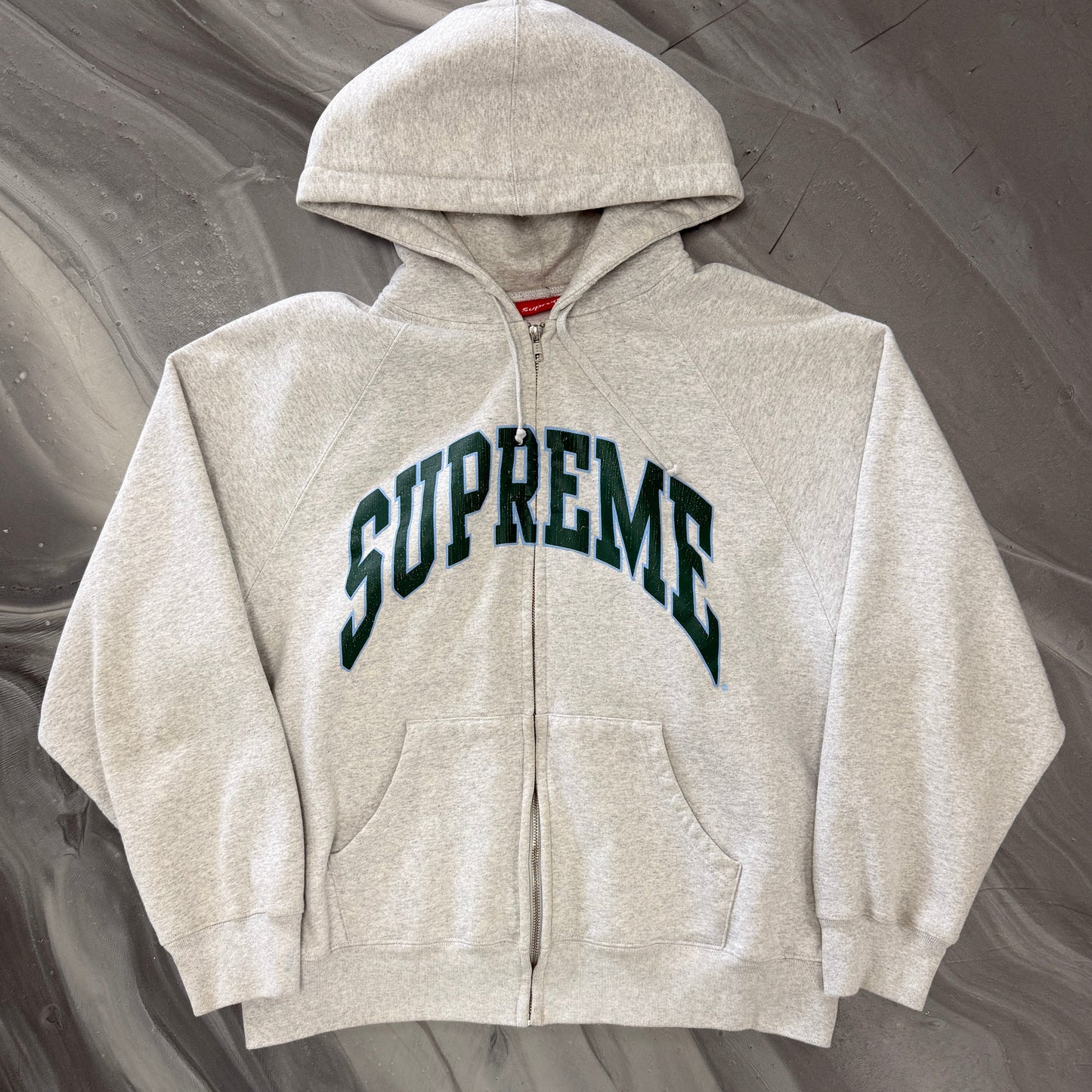 Supreme Cracked Raglan Zip Up Hooded Sweatshirt Ash Grey